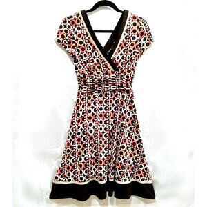 Mod Surplice Ring Pattern V-Neck Dress 4P Stretch Ruched Waist Maximalist Retro
